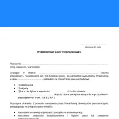 Dokument "Wymierzenie kary porządkowej" zawiera opcje: upomnienie, nagany, kara pieniężna. Opisuje naruszenie obowiązków pracowniczych.