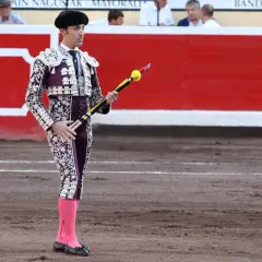 Torero español con traje de luces morado y blanco, listo para clavar banderillas.