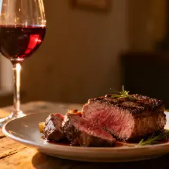 Une succulente entrecôte saignante, garnie de romarin, accompagnée d'un verre de vin rouge, le tout baignant dans la lumière du soleil.