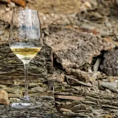 Ein Glas Weißwein steht auf schieferigem **Weinboden**. Die raue Gesteinslandschaft bildet einen starken Kontrast zum edlen Tropfen.
