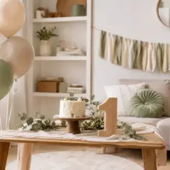 Uroczy tort i balony na roczek dziecka. Drewniana jedynka i zielone dekoracje tworzą magiczną atmosferę.