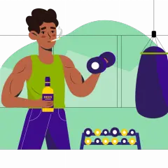 Mann mit Zigarette und Bierflasche trainiert im Fitnessstudio. Nikotin und Alkohol sind keine Freunde des Muskelaufbaus.