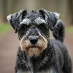 Ein Schnauzer Pudel Mix mit markantem Schnauzbart blickt neugierig in die Kamera.