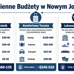 Ile kosztuje wycieczka do Nowego Jorku? Tabela pokazuje dzienne budżety: oszczędny (~$60-135), komfortowy (~$245-510) i luksusowy (~$700+).