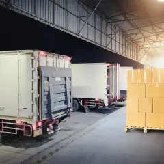 Ciężarówki czekają na załadunek w magazynie, gotowe do xpress delivery. Stosy paczek na paletach.