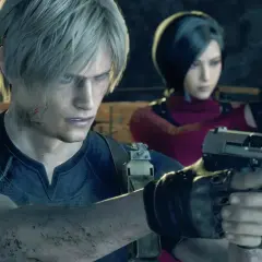 Leon und Ada sind bereit für den Kampf. Sie fragen sich, wie viele Kapitel Resident Evil 4 hat, während sie ihre Waffen ziehen.