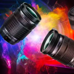 Four Olympus camera lenses, including the best 4/3 lenses, are showcased against a vibrant, abstract background.