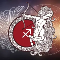 Strzelec znak zodiaku charakterystyka: centaur z łukiem i strzałą, symbol strzelca, kryształy i koło zodiaku.