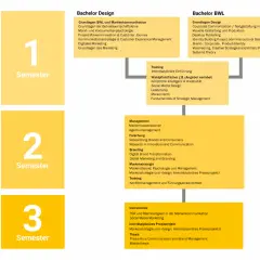 Studienübersicht für ein Brand Manager Studium: Module für Bachelor Design und BWL, aufgeteilt in 3 Semester, mit Fokus auf Marketing, Branding und strategischem Management.