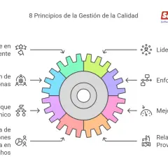 Diagrama de engranajes que ilustra los 8 principios de la gestión de la calidad, incluyendo enfoque al cliente, liderazgo y mejora continua.