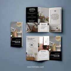 A trifold template for Haven & Home, showcasing furniture and home decor. Offers 15% off first orders and highlights community benefits.