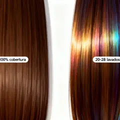 Cabello castaño con tinte de cobertura total (izquierda) vs. cabello con baño de color y reflejos iridiscentes que duran 20-28 lavados (derecha).