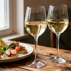 Deux verres de vin blanc pétillant, parfaits pour un apéro, accompagnent des toasts garnis de crevettes, saumon et moules.