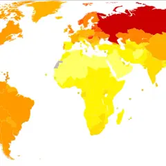 Mapa świata pokazująca spożycie alkoholu na świecie. Ciemniejsze kolory oznaczają wyższe spożycie.