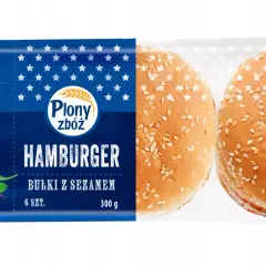 Opakowanie bułek do hamburgerów z sezamem, z widocznym gotowym burgerem i dwoma bułkami.