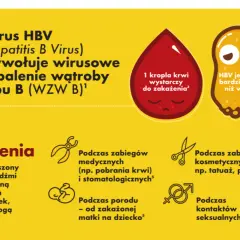 Wirus HBV wywołuje zapalenie wątroby typu B (WZW B). Zakażenie może nastąpić podczas zabiegów medycznych, kosmetycznych, porodu lub kontaktów seksualnych.