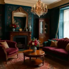 Elegancki salon w stylu wiktoriańskim: aksamitne fotele, kominek, kryształowy żyrandol i bogato zdobiona tapeta tworzą atmosferę luksusu.