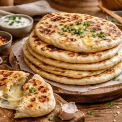 Délicieux naan nature à la poêle, un fromage fondant s'échappe d'un pain ouvert. Accompagné de sauce, d'épices et d'ail.