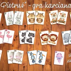 Karty do gry Piotruś z uroczymi zwierzątkami: lisy, króliki, sowy, wiewiórki, żyrafy, flamingi, szopy, lwy, słonie, myszy, zebry, tukany i meduza.