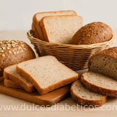 Variedad de panes integrales, incluyendo pan de salvado, hogazas y rebanadas, presentados en una tabla de madera y una cesta.
