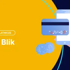 Grafika przedstawia smartfon z kartą płatniczą i monetami, symbolizującymi płatności. Tekst "Czek Blik" sugeruje szybkie transakcje.