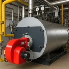 Una caldera de vapor industrial con quemador rojo y tuberías amarillas y plateadas.