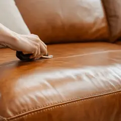 Hand reinigt ein braunes Ledersofa mit einem speziellen Werkzeug, um es wieder wie neu aussehen zu lassen.