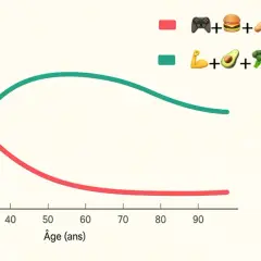 Courbes montrant le niveau de forme : une déclinante (junk food, sédentarité) et une ascendante (sport, alimentation saine), illustrant le fractionné après 60 ans.