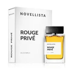 Elegancki flakon perfum Rouge Privé od Novellista, obok swojego pudełka. Zapach dla każdej kobiety, która chce poczuć się jak bohaterka powieści.