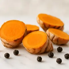 Fette di curcuma fresca e grani di pepe nero, ingredienti perfetti per un infuso con miele e zenzero.