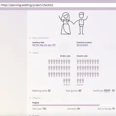 Strona z narzędziami do planowania ślubu. Widoczna jest lista zadań organizacja wesela, postęp prac i liczba gości.