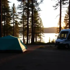 En grön kupoltält och en vit husbil står parkerade vid en sjö i en tallskog. Solen går ner bakom träden.