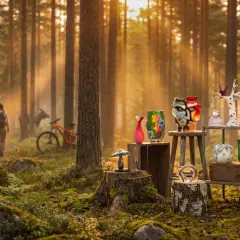 I en solbelyst skog, med en älg och cykel i bakgrunden, visas konstglas som en karta över Glasriket.