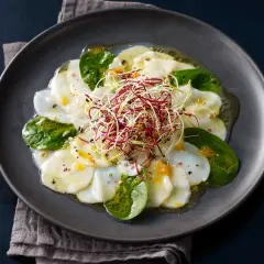 Carpaccio de Saint-Jacques aux agrumes, garni de pousses croquantes et de feuilles d'épinard frais, arrosé d'une vinaigrette légère.