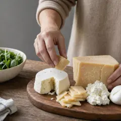 Selezione di formaggi su tagliere: ricotta, mozzarella, parmigiano e fette sottili, con un pezzo di provolone che ricorda il colesterolo.