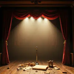 Scena teatralna z mikrofonem i rozrzuconymi kartkami, gotowa na skecze kabaretu moralnego niepokoju.