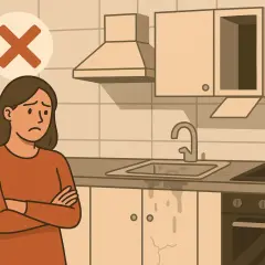 Femme dépitée devant une cuisine Cuisinella abîmée, avec un signe d'interdiction. Problème SAV Cuisinella.