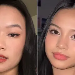 Två närbilder på en ung kvinna med olika douyin makeup-stilar. Den vänstra visar en mer dramatisk look med eyeliner och mörkt läppstift, medan den högra har en mjukare, glansigare finish.
