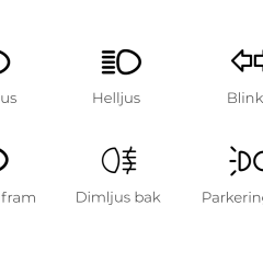 Bilens ljussymboler: halvljus, helljus, blinkers, dimljus fram, dimljus bak och parkeringsljus. Man måste ha halvljus på dagen.