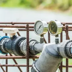 Manomètres sur tuyauterie grise et bleue, rouille sur la structure. Indique un possible problème adoucisseur d'eau.