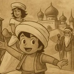 Ilustracja w stylu retro przedstawiająca Sindbada, wielbłąda, kobietę i starca na tle orientalnych budowli.