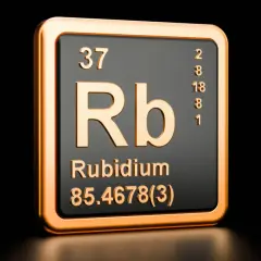 Tabliczka pierwiastka z symbolem Rb, oznaczającego rubid. Numer atomowy 37, masa atomowa 85.4678.
