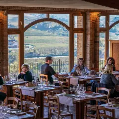 Persone cenano in un ristorante con vista panoramica su un'azienda agricola marrone. Tavoli apparecchiati con cura, mattoni a vista e grandi finestre creano un'atmosfera accogliente.