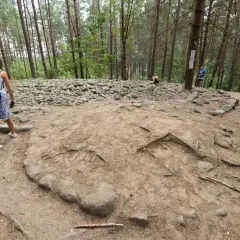 Kamienne kręgi i grodziska w lesie, ludzie zwiedzają.
