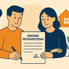 Para zawiera umowę przedwstępną sprzedaży nieruchomości. Klucz i dom symbolizują przyszłe posiadanie.