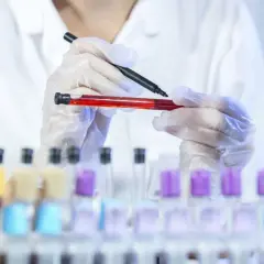 Laborant w rękawiczkach trzyma probówkę z czerwoną cieczą i pisak.