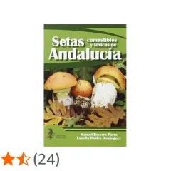 Libro "Setas comestibles y tóxicas de Andalucía" con imágenes de varios tipus de bolets.