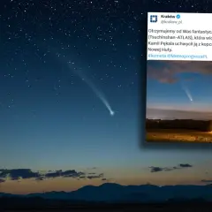 Jasne, gwiaździste niebo nad Krakowem, z widoczną na nim zielonkawą kometą. W prawym górnym rogu tweet z #krakow.skim niebem.