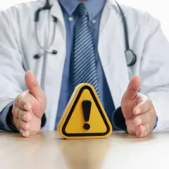 Medico con camice bianco e stetoscopio, mani aperte su un segnale di pericolo. Attenzione alle raccomandazioni ministeriali per la salute.