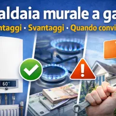 Caldaie a gas vietate? Valuta vantaggi, svantaggi e quando conviene. Immagine con caldaia, fornelli, soldi e chiave inglese.
